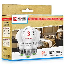 Упаковка ламп 3 шт IN HOME LED-A60-ECO 8Вт 230В Е27 4000К 640Лм - характеристики и отзывы покупателей.