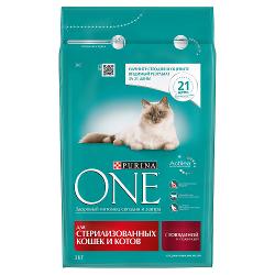 Упаковка сухих кормов 4 шт Purina ONE Adult feline Sterilized говядина - характеристики и отзывы покупателей.